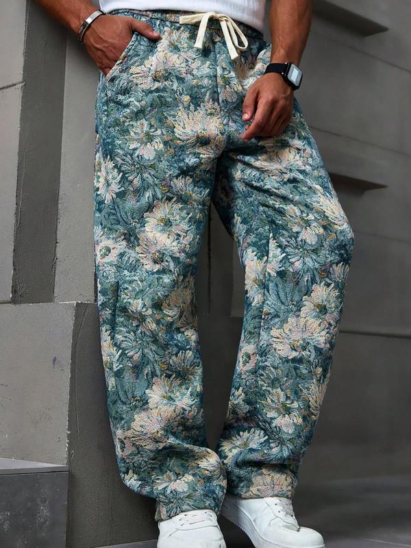 Men's Floral Print Drawstring Waist Straight Leg Pants, Casual Comfy Pocket Trousers for Daily Wear, Pants for Men, Fashion Men's Bottoms for All Seasons