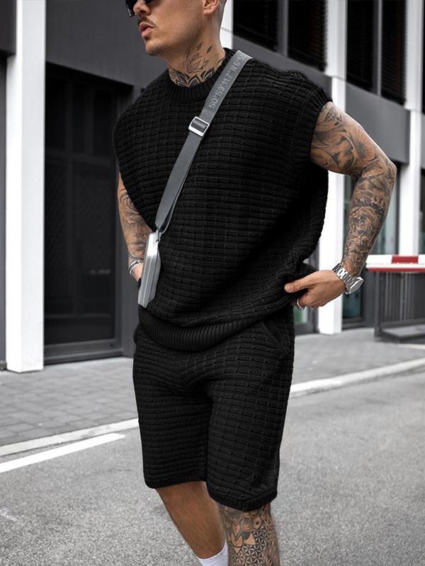 Men's Summer Clothes, Regular Fit Streetwear Textured Cap Sleeve Top & Pocket Shorts Set, Men's All-season Style Fashion Versatility Relaxed Knitted Short-sleeved Shorts Two-piece Set