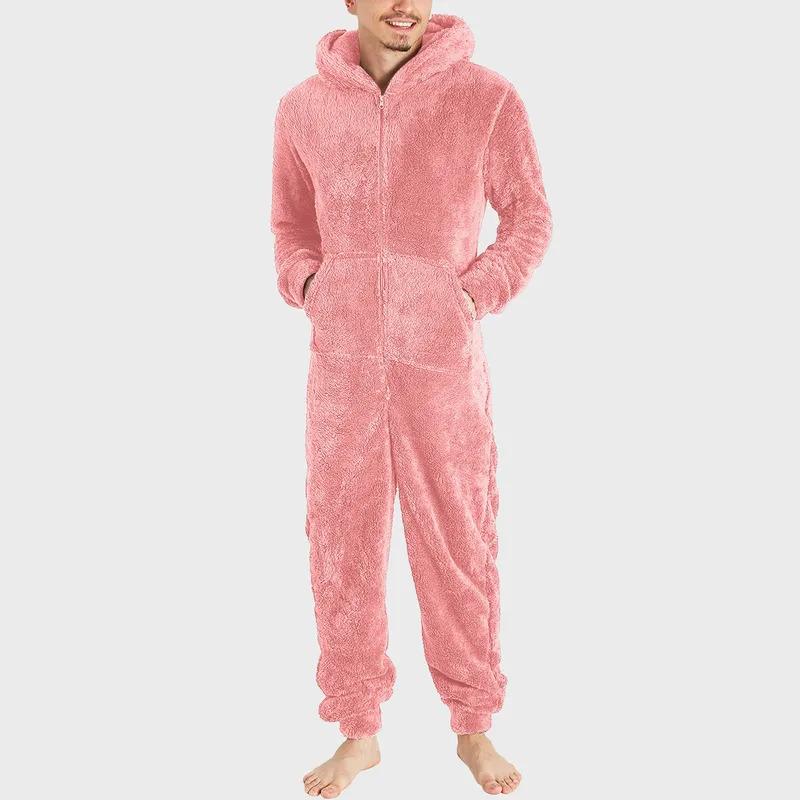 Men Jumpsuit Long Sleeve Pajama Solid Zipper Hooded Jumpsuit Casual Winter Warm Sleepwear Comfortable Male Home Clothing