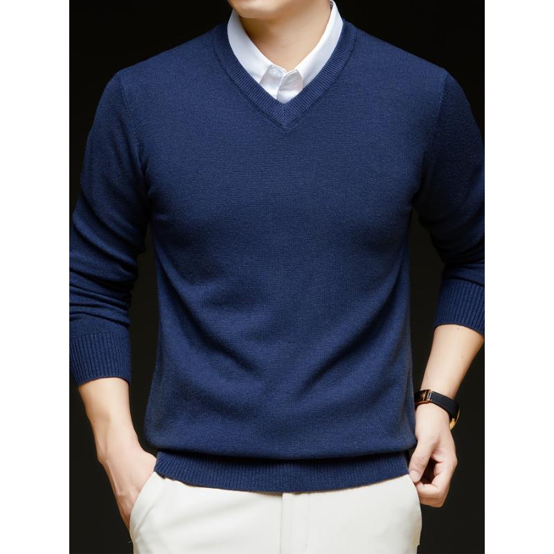 1pc Men'S Casual V-Neck Wool Blend Sweater - 400g Thickened Solid Color Knit Pullover for Autumn Winter, Regular Fit Long Sleeve Top with No Belt Detail