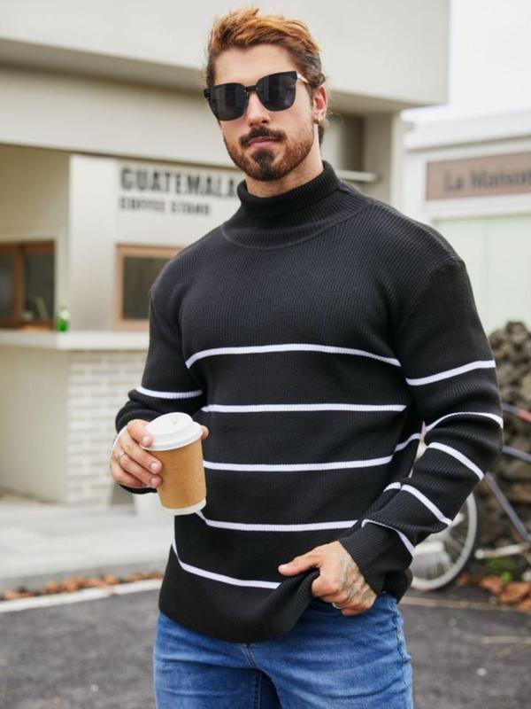 Men's Colorblock Striped Print Ribbed Sweater, Regular Fit Casual Long Sleeve High Neck Jumper for Fall & Winter, Fashion Men's Knitwear for Daily Wear