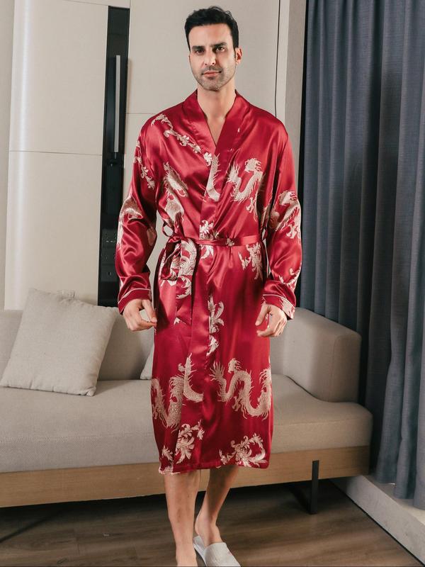 Men's All Over Dragon Print Belted Robe, Casual Long Sleeve Dressing Gown, Men's Sleepwear for Spring & Fall