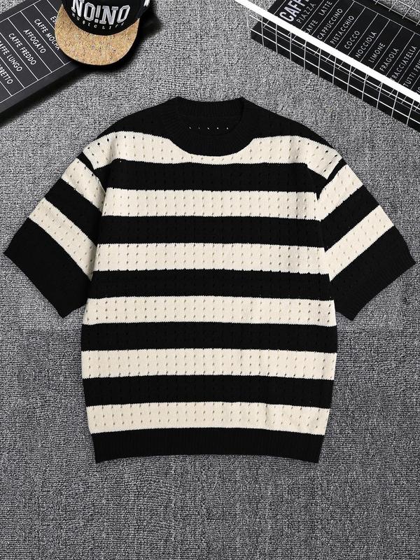 Men's Colorblock Striped Print Drop Shoulder Knit Top, Loose Casual Hollow Out Half Sleeve Round Neck Knitwear for Spring & Fall, Fashion Men's Knit Clothing for Daily Wear