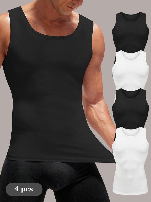 Men's Solid Round Neck Compression Shapewear Tank Top, High Stretch Tummy Control Shapewear Top, Double Hem Shaper for Men