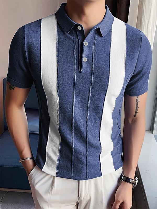 Men's Regular Fit Colorblock Short Sleeve Knit Polo Shirt, Casual Business Button Front Half Placket Collared Knit Top for Summer, Fashion Men's Knitwear for Daily Wear