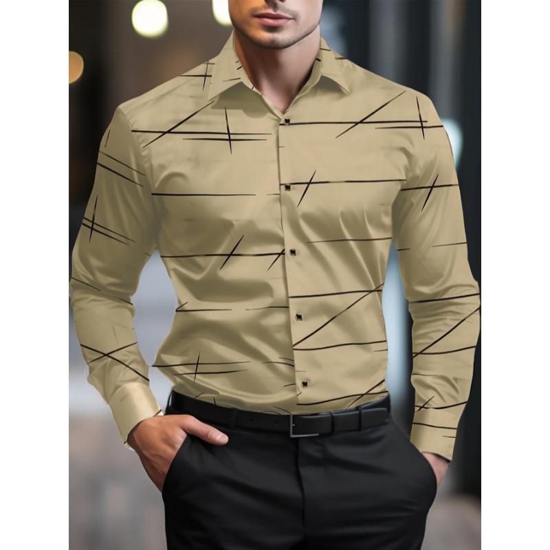 Men's Casual Navy Blue Slim Shirt Comfort Collar Menswear Top Polyester Underwear Fabric Wetsuit Collar Collar Long Sleeve Knife Beige