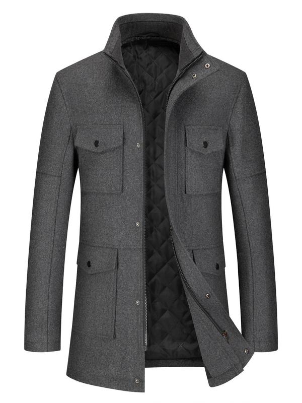 Men's Solid Button Front Pocket Zipper Wool Coat, Regular Fit Casual Long Sleeve Stand Collar Outerwear for Fall & Winter, Men's Clothes for Daily Wear