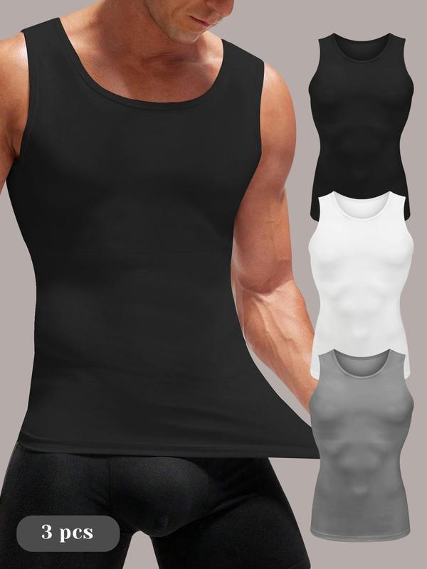 Men's Solid Round Neck Compression Shapewear Tank Top, High Stretch Tummy Control Shapewear Top, Double Hem Shaper for Men