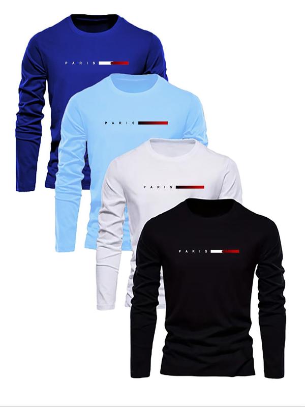 Men's Letter Print Round Neck Long Sleeve Tee, Casual Crew Neck T-shirt for Fall & Winter, Men's Top for Daily Wear