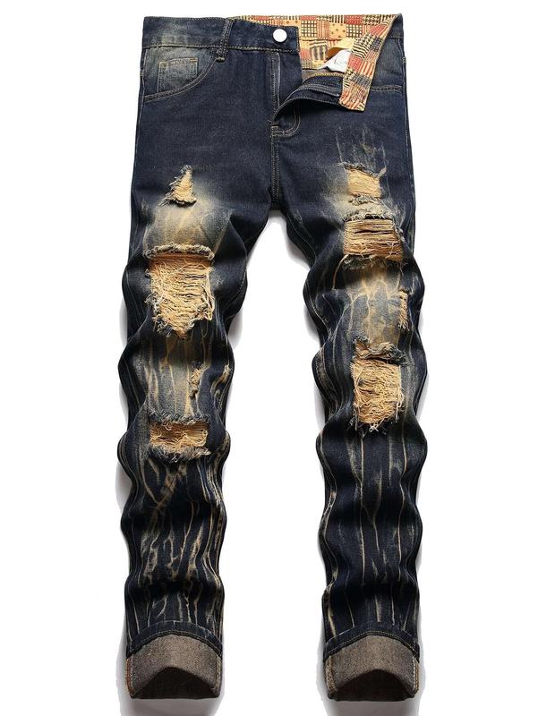 Mens Slim Fit Stretch Jeans Ripped Skinny Denim Jeans Fashion Straight Leg Comfort Denim Pants Streetwear Fashion