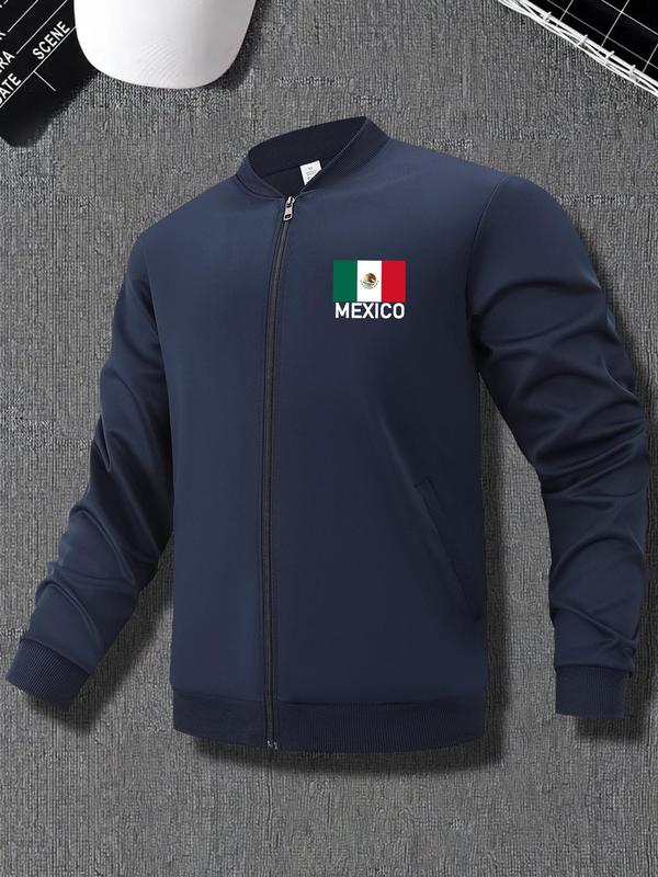 Men's Mexico Flag & Eagle Print Zip Up Bomber Jacket, Regular Fit Casual Long Sleeve Mock Neck Outerwear for Spring & Fall, Fashion Men's Clothes for Daily Wear