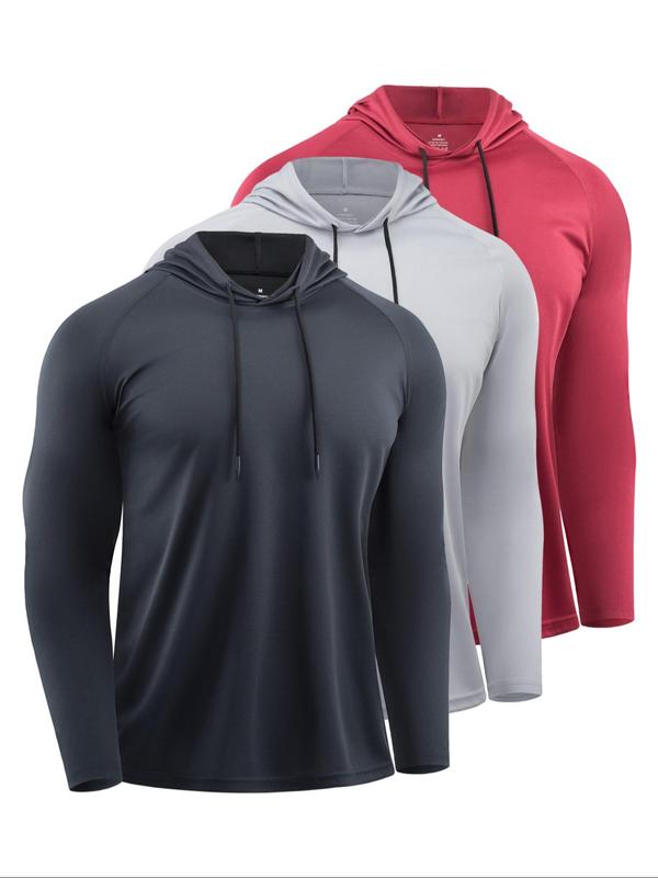 Men's Solid Long Sleeve Drawstring Hoodie Tee, Casual Sporty Hooded Sweatshirt for Running Gym Workout, Men's Sport & Outdoor Clothing for Spring & Fall