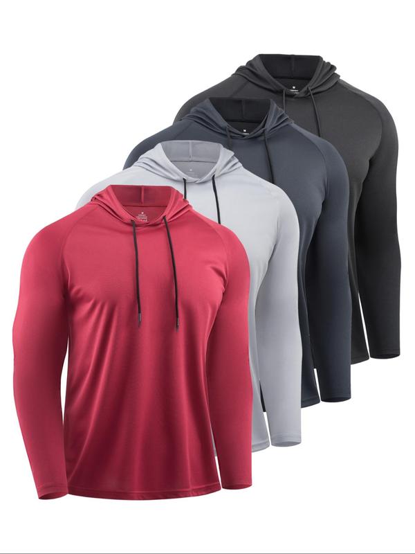 Men's Solid Long Sleeve Drawstring Hoodie Tee, Casual Sporty Hooded Sweatshirt for Running Gym Workout, Men's Sport & Outdoor Clothing for Spring & Fall