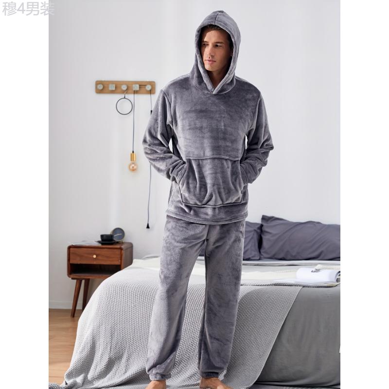 Men's Warm Cozy Fluffy Flannel Fleece Hooded Pajamas Set, Warm Fleece Pajamas With Fluffy Hood For Fall And Winter Fabric Loungewear