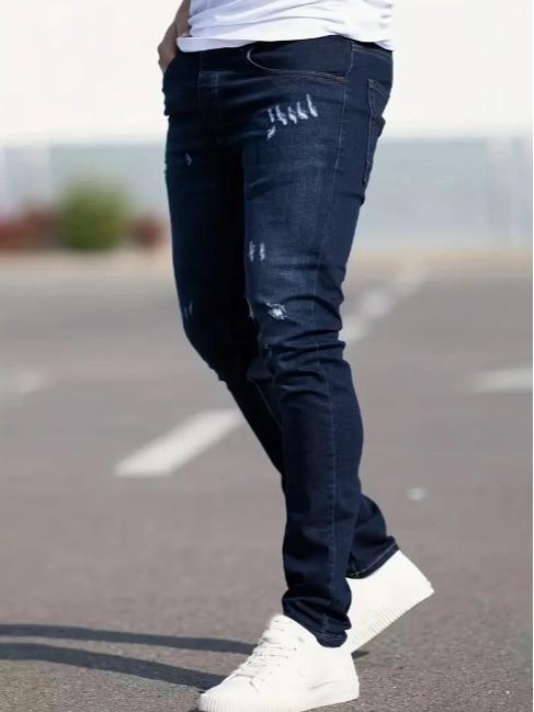 Slim Fit Ripped Jeans, Men's Casual Street Style Distressed Medium Stretch Denim Pants