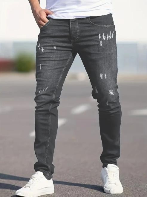 Slim Fit Ripped Jeans, Men's Casual Street Style Distressed Medium Stretch Denim Pants