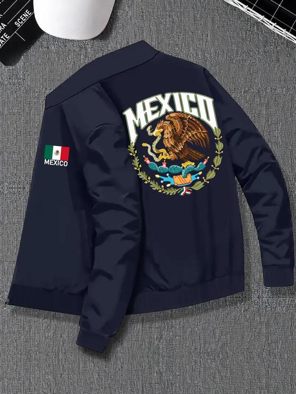 Men's Mexico Flag & Eagle Print Zip Up Bomber Jacket, Regular Fit Casual Long Sleeve Mock Neck Outerwear for Spring & Fall, Fashion Men's Clothes for Daily Wear