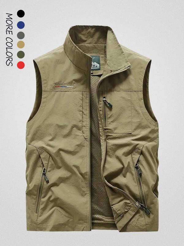 Men's Letter Embroidery Pocket Zipper Vest Jacket, Regular Fit Casual Funnel Neck Sleeveless Outerwear for Fall & Winter, Designer Men's Clothes, Men's Clothes for Outdoor Activities