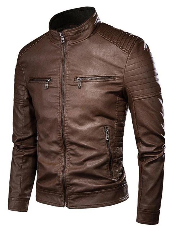 Men's Solid Pocket Zipper Faux Leather Jacket, Regular Fit Casual Long Sleeve Mock Neck Outerwear for Fall & Winter, Men's Clothes for Daily Wear