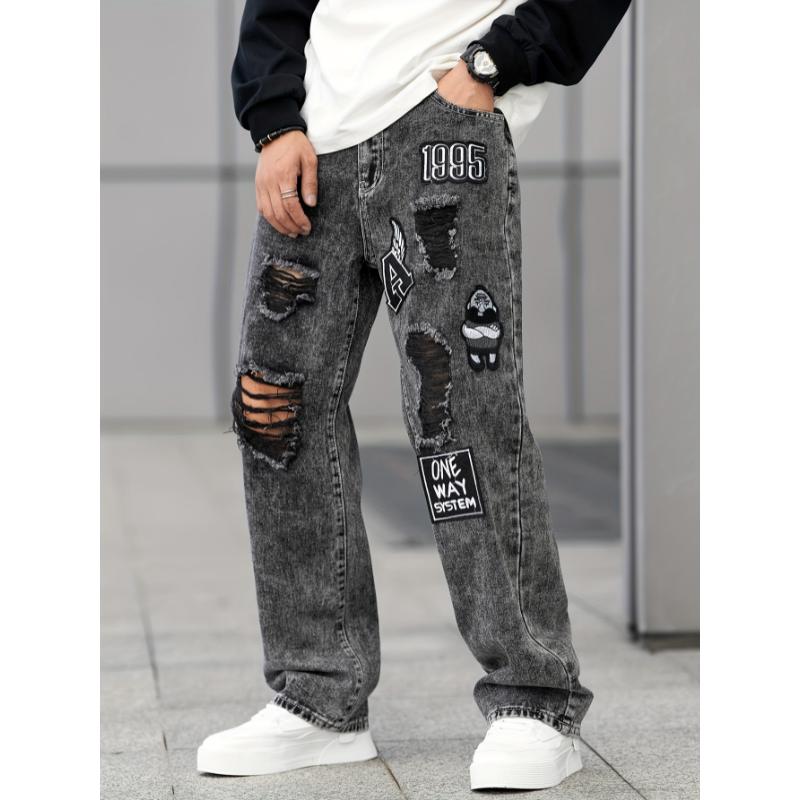 Stylish Comfy Denim Ripped Jeans - Men's Loose Fit Wide Leg Fashion Pants - Embroidered Design, Street Style Fashion, Soft Fabric, Comfortable Wear, Casual Daily Wear Menswear Underwear Viscose Trouser Streetwear Cotton Human Pocket