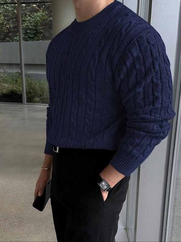 Men's Solid Cable Knit Round Neck Sweater, Regular Fit Casual Long Sleeve  Jumper for Fall & Winter, Fashion Men's Knitwear for Daily Wear