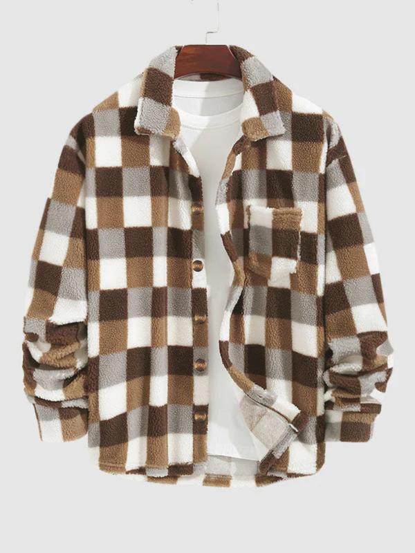 Men's Plaid Print Button Front Pocket Fleece Jacket, Regular Fit Casual Long Sleeve Collared Outerwear for Fall & Winter, Winter Jacket, Men's Clothes for Daily Wear