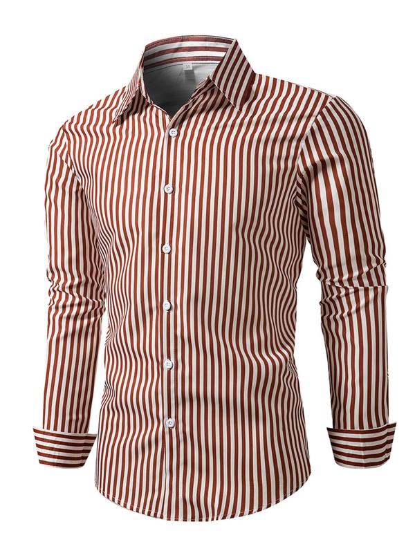 Men's Random Striped Print Button Front Shirt, Regular Fit Casual Long Sleeve Collared Top for Work Office Business, Men's Clothes for All Seasons