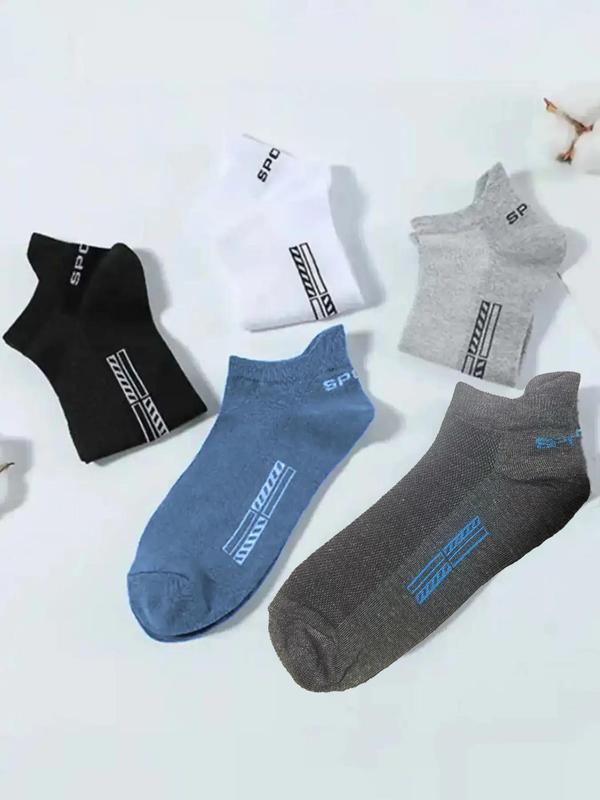 Men's 5 Pairs Letter Print Ankle Socks, Casual Comfortable Breathable Low Cut Socks for Daily Wear, Men Knitting Socks for All Seasons