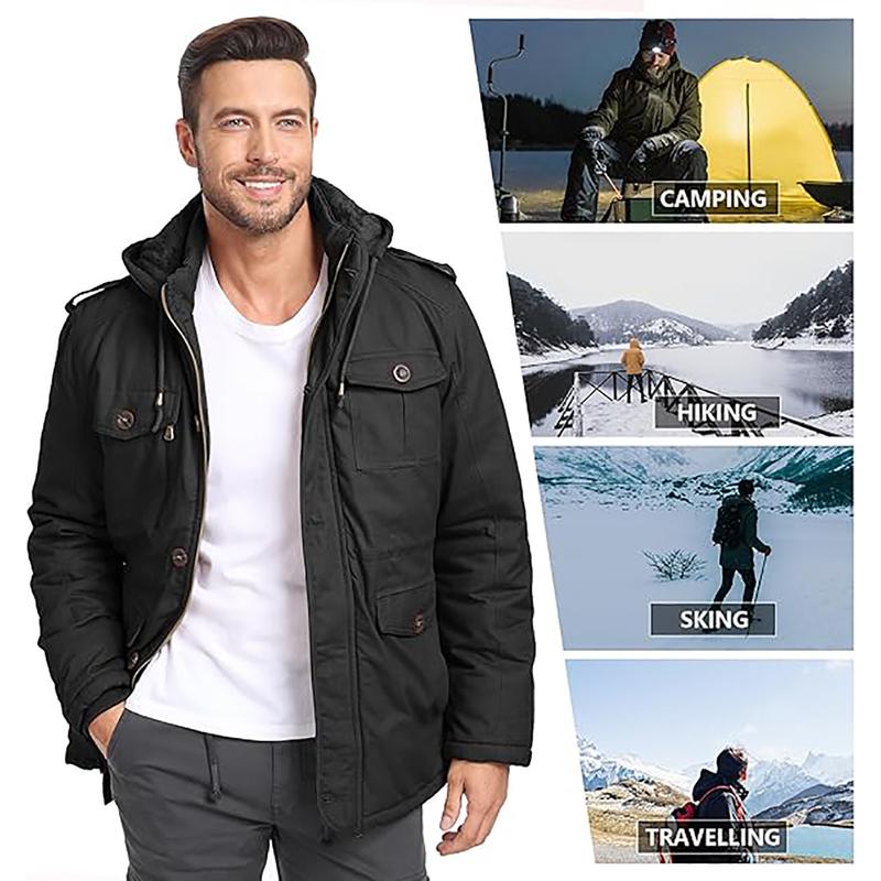 Men's Winter Jackets with Removable Hood Fleece Lined Cotton Military Work Jackets Outerwear Coats with Pockets,Jacket for Fall & Winter, Back To School Outfits, Drippy Outfits, Streetwear, Men Clothing, Men's Going Out Outfit for Daily Wear zip  up