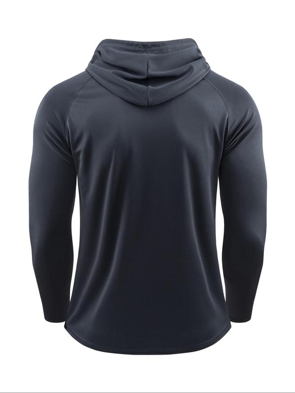 Men's Solid Long Sleeve Drawstring Hoodie Tee, Casual Sporty Hooded Sweatshirt for Running Gym Workout, Men's Sport & Outdoor Clothing for Spring & Fall