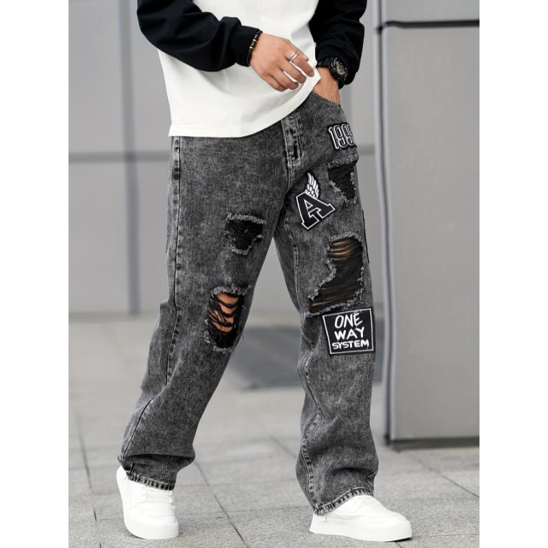 Stylish Comfy Denim Ripped Jeans - Men's Loose Fit Wide Leg Fashion Pants - Embroidered Design, Street Style Fashion, Soft Fabric, Comfortable Wear, Casual Daily Wear Menswear Underwear Viscose Trouser Streetwear Cotton Human Pocket