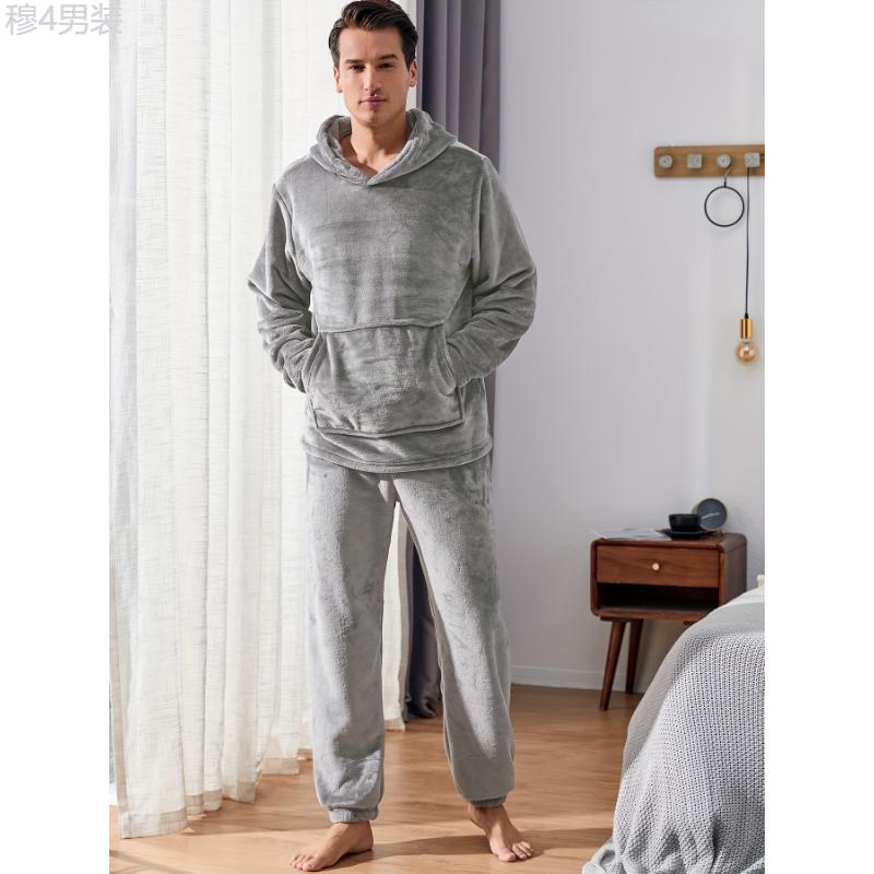 Men's Warm Cozy Fluffy Flannel Fleece Hooded Pajamas Set, Warm Fleece Pajamas With Fluffy Hood For Fall And Winter Fabric Loungewear