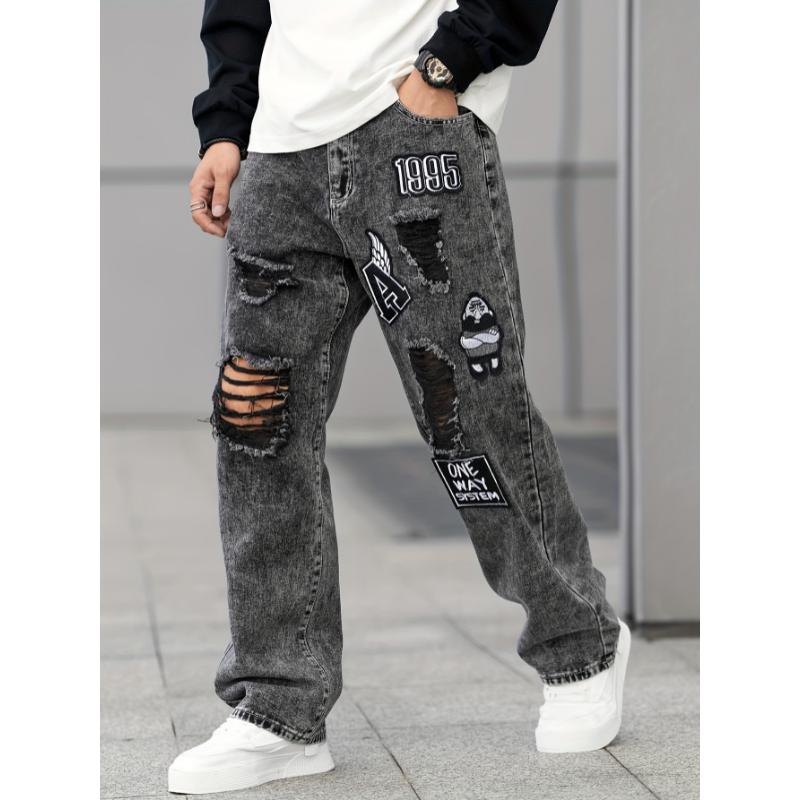 Stylish Comfy Denim Ripped Jeans - Men's Loose Fit Wide Leg Fashion Pants - Embroidered Design, Street Style Fashion, Soft Fabric, Comfortable Wear, Casual Daily Wear Menswear Underwear Viscose Trouser Streetwear Cotton Human Pocket