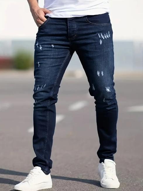 Slim Fit Ripped Jeans, Men's Casual Street Style Distressed Medium Stretch Denim Pants