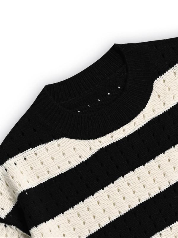 Men's Colorblock Striped Print Drop Shoulder Knit Top, Loose Casual Hollow Out Half Sleeve Round Neck Knitwear for Spring & Fall, Fashion Men's Knit Clothing for Daily Wear