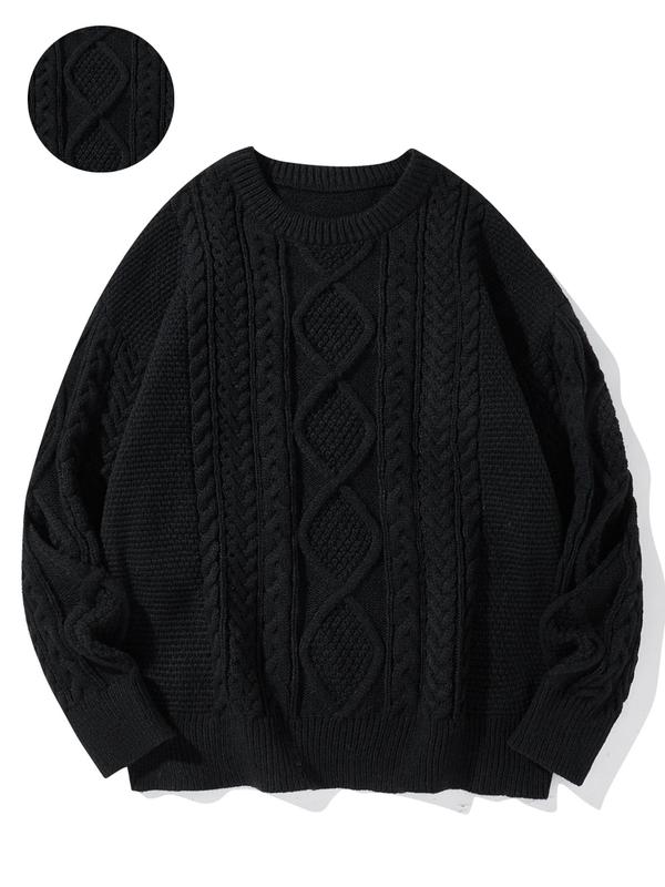 Men's Solid Cable Knit Sweater, Regular Fit Casual Drop Shoulder Long Sleeve Round Neck Jumper for Fall & Winter, Men's Knitwear for Daily Wear