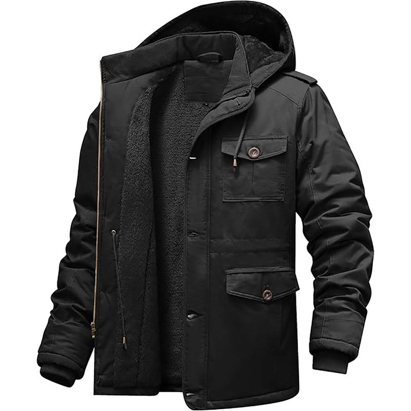 Men's Winter Jackets with Removable Hood Fleece Lined Cotton Military Work Jackets Outerwear Coats with Pockets,Jacket for Fall & Winter, Back To School Outfits, Drippy Outfits, Streetwear, Men Clothing, Men's Going Out Outfit for Daily Wear zip  up