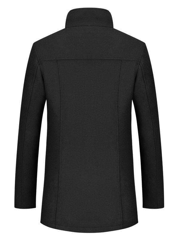 Men's Solid Button Front Pocket Zipper Wool Coat, Regular Fit Casual Long Sleeve Stand Collar Outerwear for Fall & Winter, Men's Clothes for Daily Wear