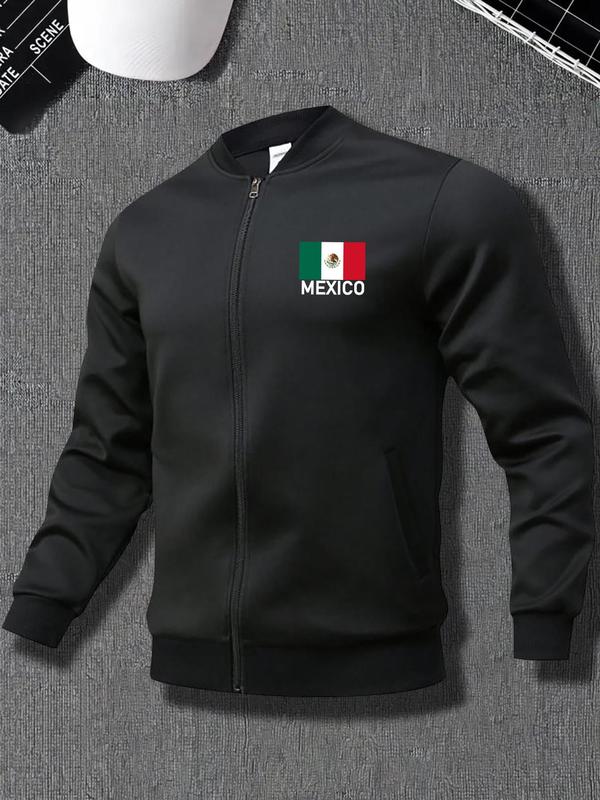 Men's Mexico Flag & Eagle Print Zip Up Bomber Jacket, Regular Fit Casual Long Sleeve Mock Neck Outerwear for Spring & Fall, Fashion Men's Clothes for Daily Wear