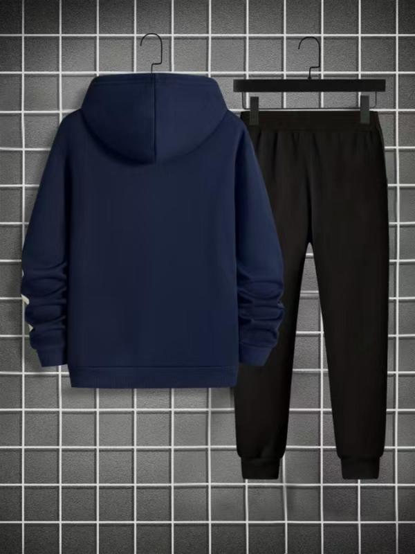 Men's Letter Print Pocket Hoodie & Drawstring Waist Sweatpants Set, Casual Long Sleeve Hooded Sweatshirt & Jogger Pants, Men's Fall & Winter Clothes