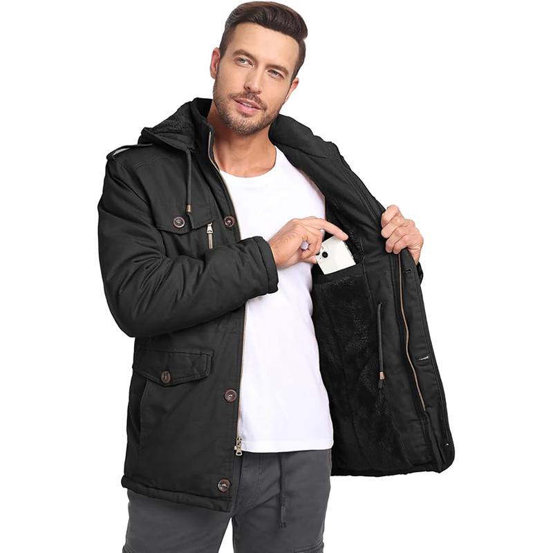 Men's Winter Jackets with Removable Hood Fleece Lined Cotton Military Work Jackets Outerwear Coats with Pockets,Jacket for Fall & Winter, Back To School Outfits, Drippy Outfits, Streetwear, Men Clothing, Men's Going Out Outfit for Daily Wear zip  up