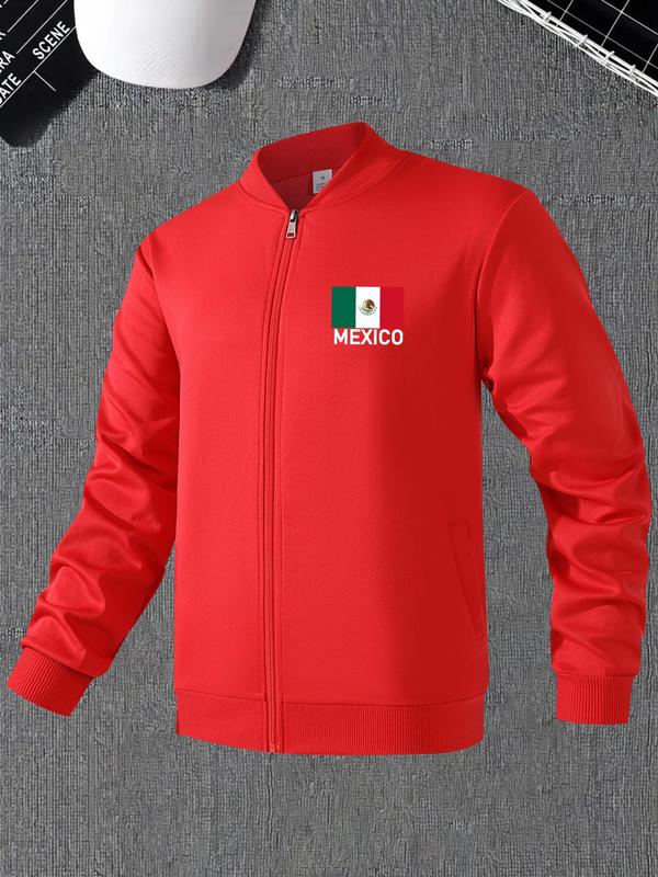 Men's Mexico Flag & Eagle Print Zip Up Bomber Jacket, Regular Fit Casual Long Sleeve Mock Neck Outerwear for Spring & Fall, Fashion Men's Clothes for Daily Wear