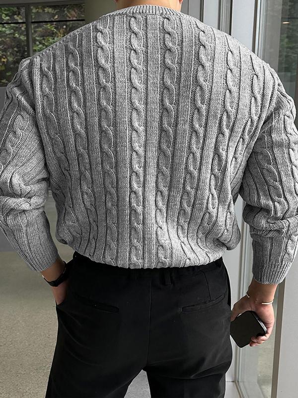 Men's Solid Cable Knit Round Neck Sweater, Regular Fit Casual Long Sleeve  Jumper for Fall & Winter, Fashion Men's Knitwear for Daily Wear