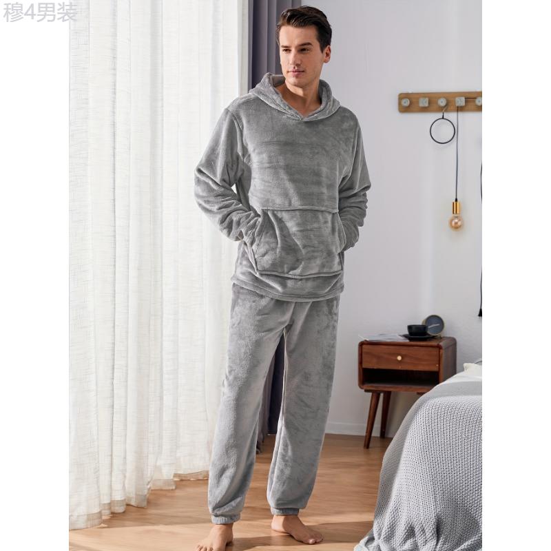 Men's Warm Cozy Fluffy Flannel Fleece Hooded Pajamas Set, Warm Fleece Pajamas With Fluffy Hood For Fall And Winter Fabric Loungewear