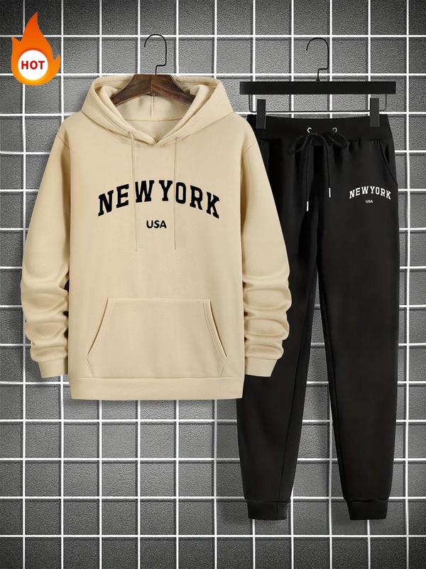 Men's Letter Print Pocket Hoodie & Drawstring Waist Sweatpants Set, Casual Long Sleeve Hooded Sweatshirt & Jogger Pants, Men's Fall & Winter Clothes