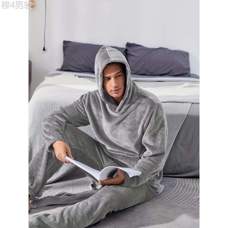 Men's Warm Cozy Fluffy Flannel Fleece Hooded Pajamas Set, Warm Fleece Pajamas With Fluffy Hood For Fall And Winter Fabric Loungewear