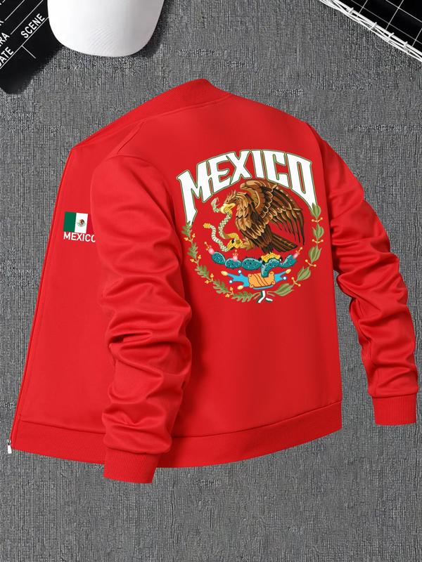 Men's Mexico Flag & Eagle Print Zip Up Bomber Jacket, Regular Fit Casual Long Sleeve Mock Neck Outerwear for Spring & Fall, Fashion Men's Clothes for Daily Wear