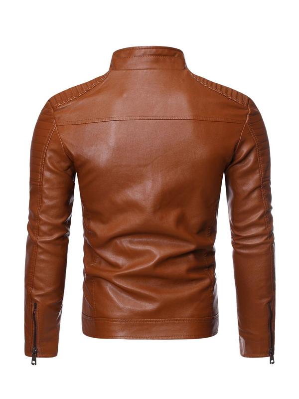 Men's Solid Pocket Zipper Faux Leather Jacket, Regular Fit Casual Long Sleeve Mock Neck Outerwear for Fall & Winter, Men's Clothes for Daily Wear