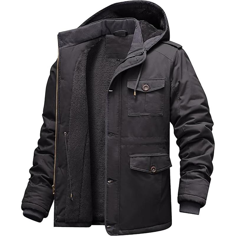 Men's Winter Jackets with Removable Hood Fleece Lined Cotton Military Work Jackets Outerwear Coats with Pockets,Jacket for Fall & Winter, Back To School Outfits, Drippy Outfits, Streetwear, Men Clothing, Men's Going Out Outfit for Daily Wear zip  up