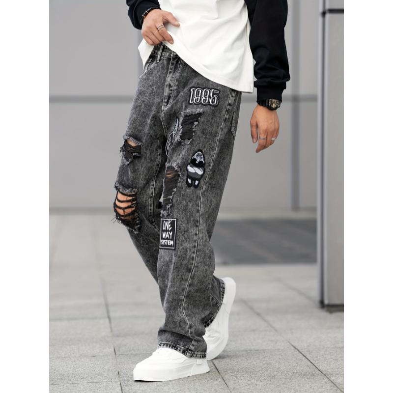 Stylish Comfy Denim Ripped Jeans - Men's Loose Fit Wide Leg Fashion Pants - Embroidered Design, Street Style Fashion, Soft Fabric, Comfortable Wear, Casual Daily Wear Menswear Underwear Viscose Trouser Streetwear Cotton Human Pocket